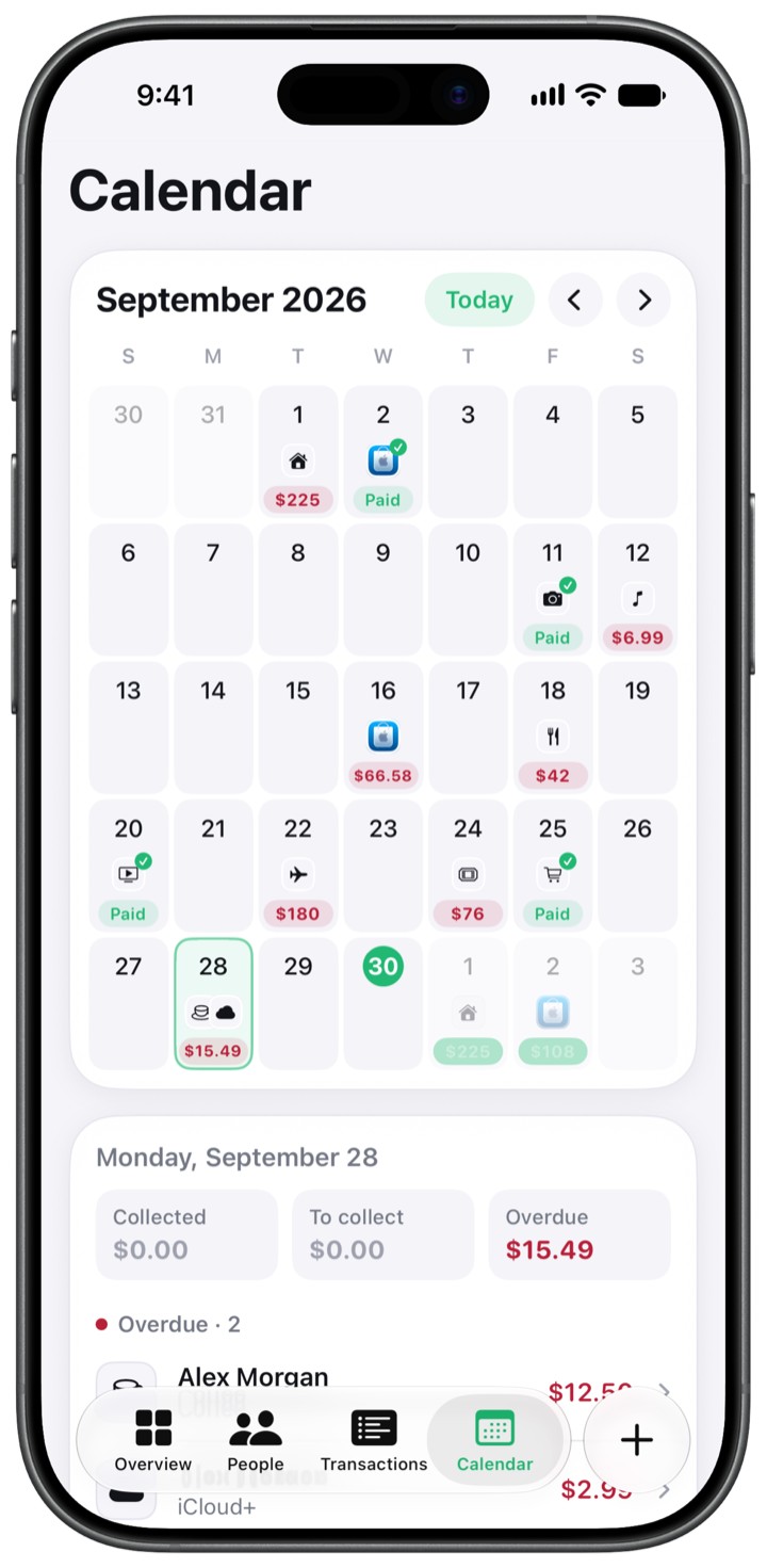 OweMe Calendar screen with scheduled payment dates and the charges for a selected day.