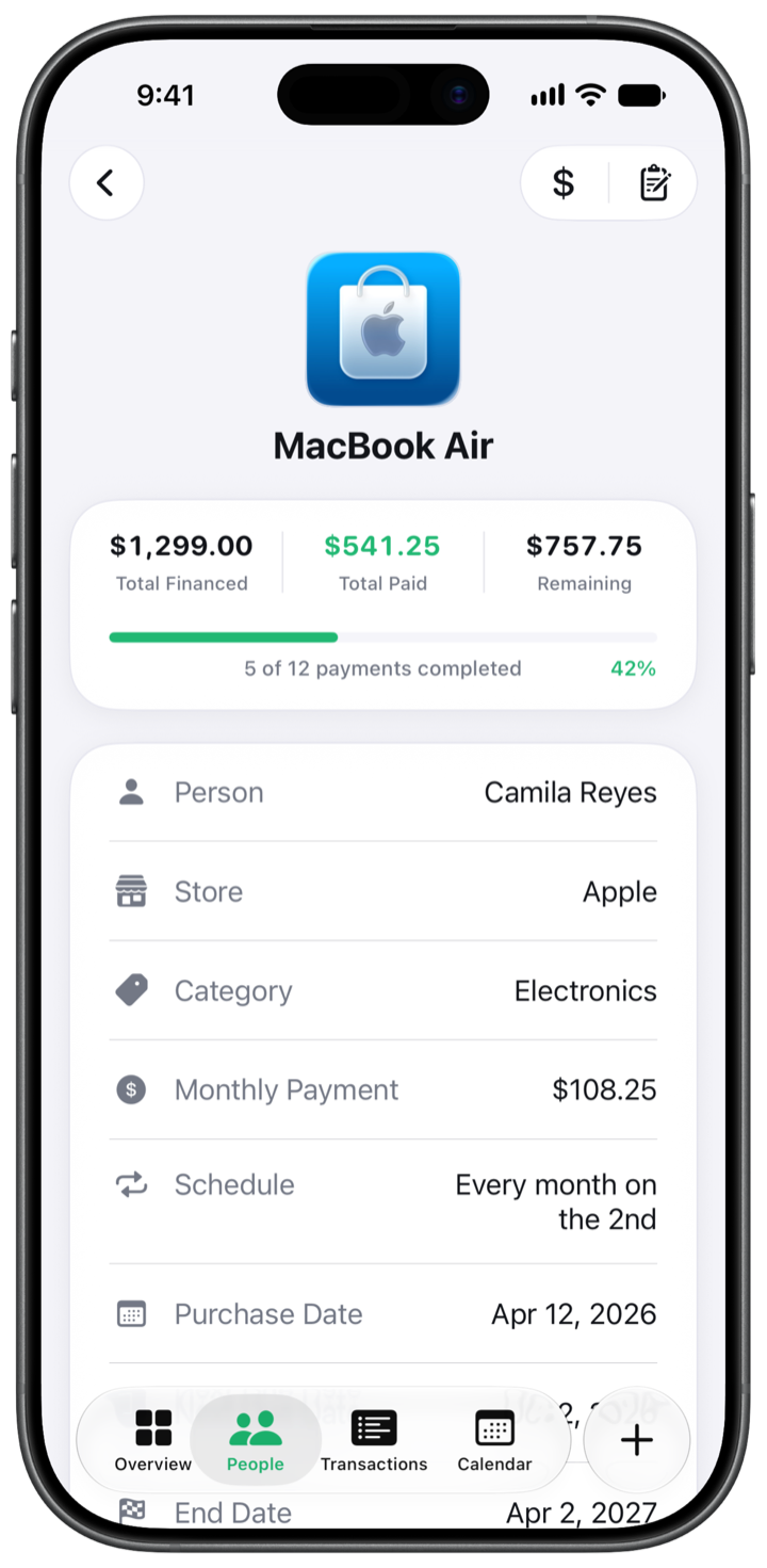 A financing detail in OweMe, showing installments, payments and the remaining balance.