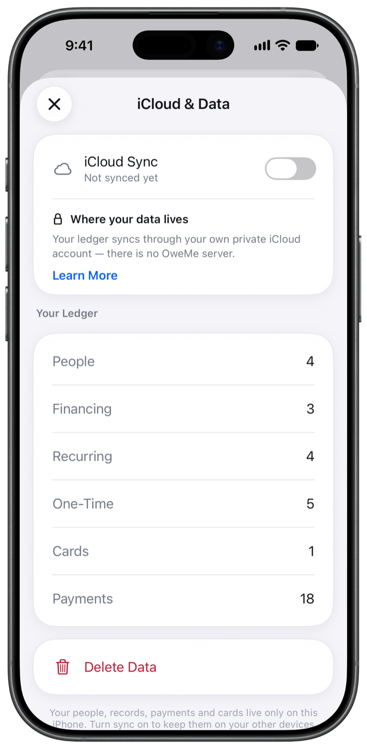 The iCloud and Data settings in OweMe, with optional iCloud Sync and data controls.