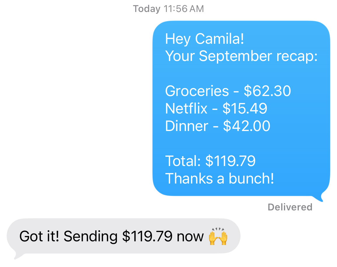 Example conversation in Messages on iPhone. One blue message gives Camila her September recap: Groceries $62.30, Netflix $15.49 and Dinner $42.00. Total: $119.79. She replies: Got it! Sending $119.79 now 🙌.