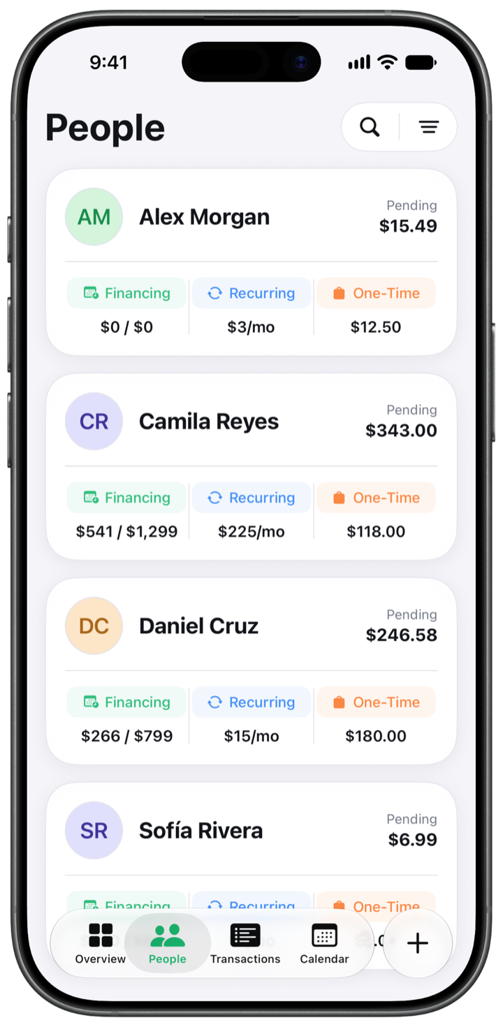 OweMe People screen, with fictional people and their pending balances.